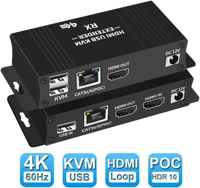 ESTONE 4K HDMI KVM USB Extender Over IP Over Ethernet 4K 60Hz HD Video Over Cat5e/6 Ethernet Cable 60m (196ft) for Mouse and Keyboard Control Remote Signals