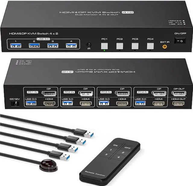 ESTONE 4K KVM Switch HDMI+DisplayPort 2 Monitors 4 Computers Support 4K 60Hz 2K 120Hz KVM Switcher PC Display Share 2 Monitors and 4 USB 3.0 Support Copy and Extend Mode