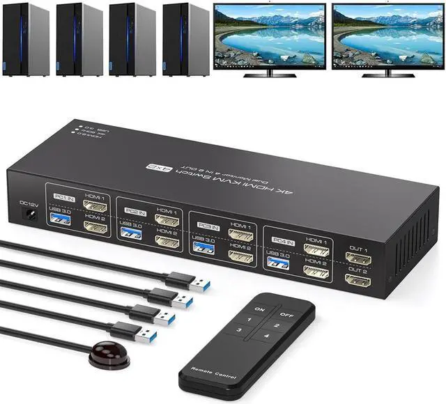 ESTONE 4K KVM Switch HDMI+HDMI 2 Monitors 4 Computers Support 4K 60Hz 2K 120Hz KVM Switcher PC Display Share 2 Monitors and 4 USB 3.0 Support Copy and Extend Mode