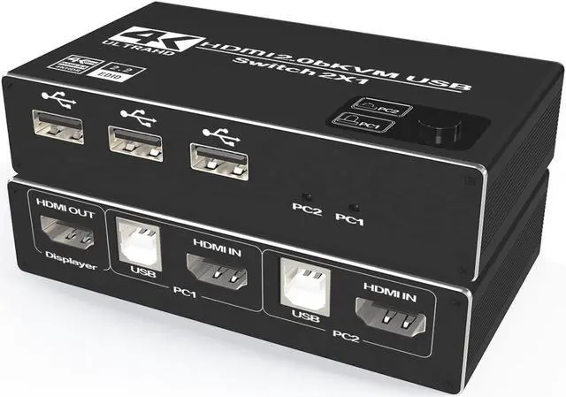 ESTONE 4K USB KVM Switch 2 in 1 Out UHD 4K 60Hz 3 USB Hub One Key Button Switch Compatible with Most Keyboards and Mouse 2 Computers Share 1 Monitor