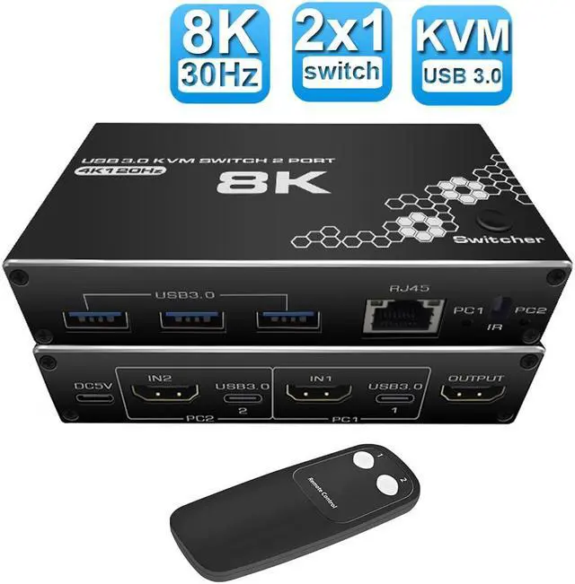 ESTONE 8K 30Hz USB HDMI RJ45 KVM Switch 2 in 1 Out for 2PC Share 1 Monitor and 3 USB3.0 Port Support 4K 120Hz HDMI2.0b HDCP2.3 RGB:8:8:8 One-button Switch and Remote
