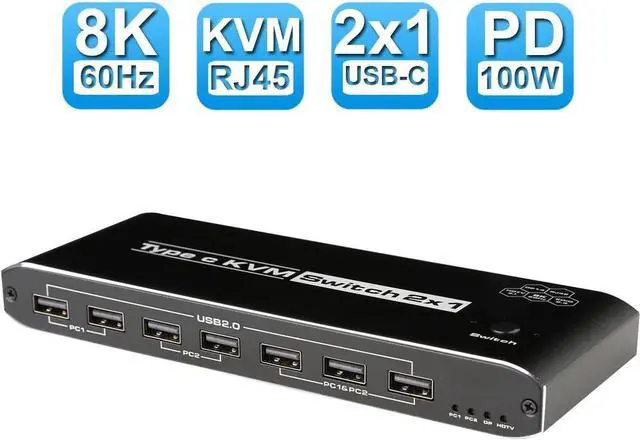 ESTONE 8K 60Hz 4K 120Hz 2 in 1 Out USB-C KVM Switch with Audio RJ45 for 2 Computers 1 Monitor 2 PCs Share 1 Set of Keyboard Mouse And 5 Port USB Port for Mac Windows