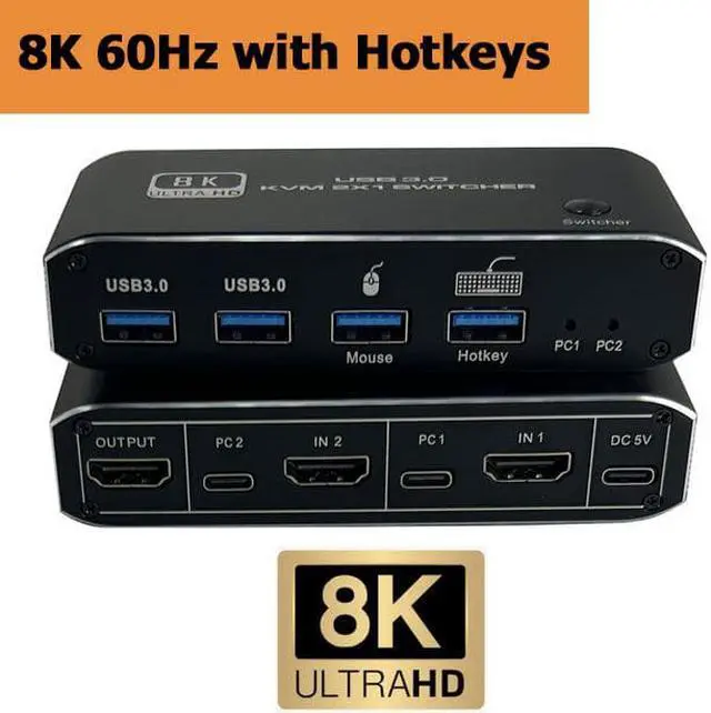 ESTONE 8K 60Hz 4K 120Hz HDMI 2.1 KVM Switch with USB 3.0 2 in 1 Out 2 Port KVM Switch for 2 Computers 1 Monitor 2 PCs Share 1 Set of Keyboard Mouse Printer for Mac Windows