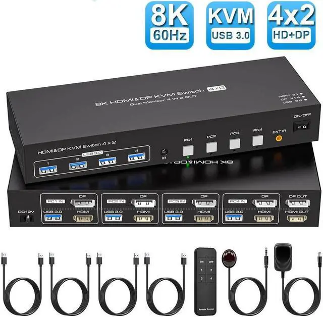ESTONE 8K 60Hz HDMI+DisplayPort Dual Monitor kvm Switch 2 Monitors 4 Computers 4K 120Hz USB 3.0 Extended Display KVM switcher with 4 USB3.0 Ports Wired Controller