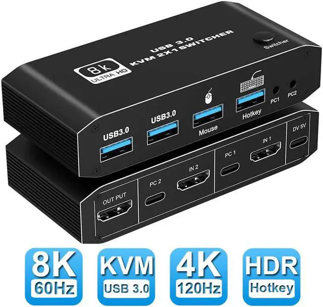ESTONE 8K 60Hz HDMI2.1 KVM Switch 2 in 1 Out Box with 2 Computers 1 Monitor 2 PCs Share 1 Set of Keyboard Mouse 2 USB3.0 Hubs for Mac Windows