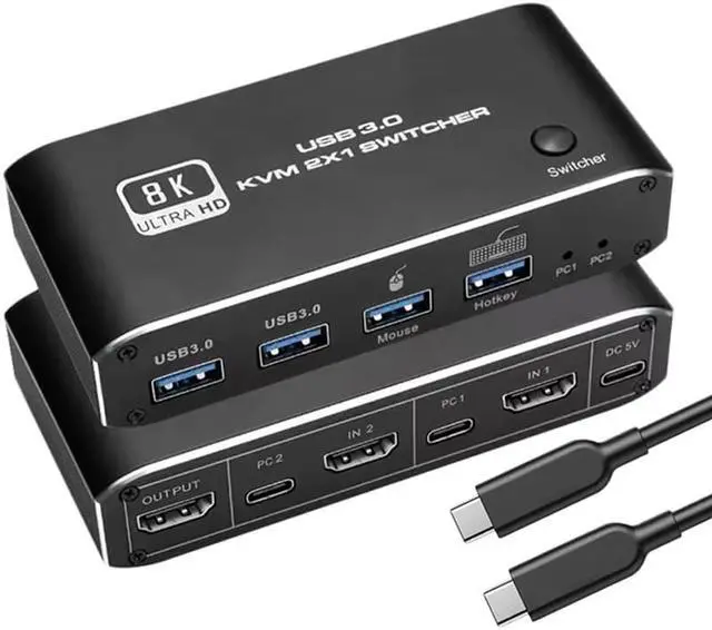 ESTONE 8K HDMI2.1 KVM Switch 2 in 1 Out for 2PC Share 1 Monitor and One Keyboard Mouse and two USB3.0 Port 8K 60Hz hotkey Support RGB 8:8:8 One-button switch/Hotkey switch Dynamic HDR VRR etc