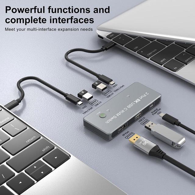 ESTONE 8K USB-C KVM Switch DP1.4 2USB-C 2PC Input 1 DisplayPort Output 8K KVM 8K 60Hz 4K 144Hz With 3X USB2.0 Port 2 PC Sharing One USB Keyboard Mouse U Disks