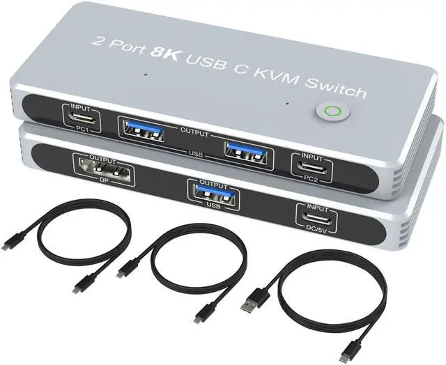 ESTONE 8K USB-C KVM Switch DP1.4 2USB-C 2PC Input 1 DisplayPort Output 8K KVM 8K 60Hz 4K 144Hz with 3X USB2.0 Port 2 PC Sharing one USB Keyboard Mouse U disks