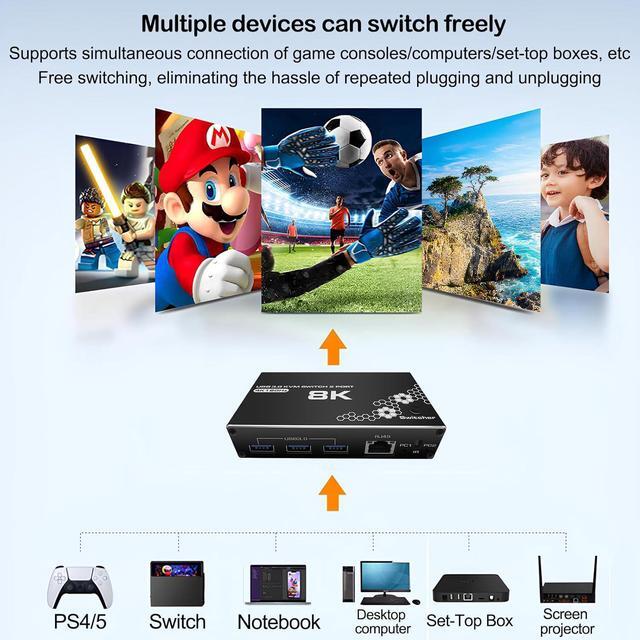 ESTONE 8K USB KVM Switch 2 In 1 Out UHD 4K 120Hz 3 USB3.0 Hub RJ45 Port One Key Button Switch Compatible With Most Keyboards And Mouse 2 Computers Share 1 Monitor