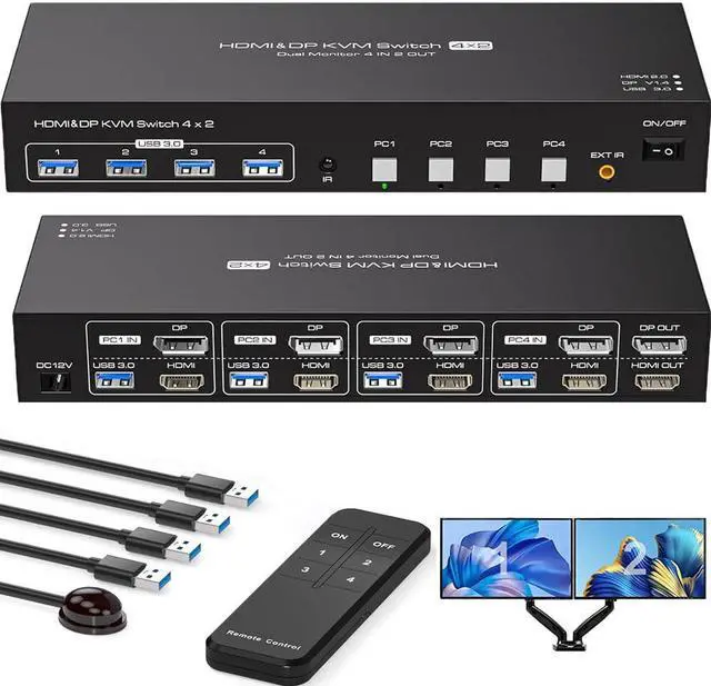 ESTONE Dual Monitor HDMI+DP KVM Switch 2 Port 4K 60Hz USB HDMI DisplayPort Extended Display Switcher for 4 Computers Share 2 Monitors and 4 USB 3.0 Hub