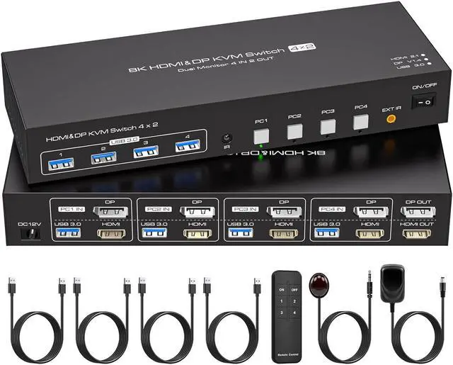 ESTONE Dual Monitor HDMI+DP KVM Switch 2 Port 8K 60Hz USB HDMI DisplayPort Extended Display Switcher for 4 Computers Share 2 Monitors and 4 USB 3.0 Hub