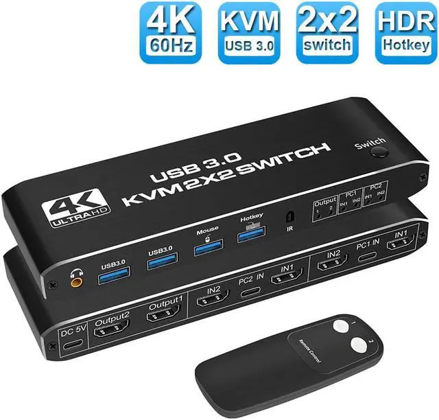 ESTONE HDMI 2.0b Switch 4K 2 in 2 Out HDMI Switcher 2 Port Support 4K 60Hz HDCP 2.3 Ultra HD 3D For 2PC Share 2 Monitor and One Keyboard Mouse and two USB3.0 Port