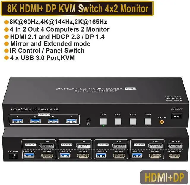ESTONE HDMI+DisplayPort Dual Monitor KVM Switch 2 Monitors 4 Computers 8K 60Hz USB 3.0 KVM Switches for 4 PC or Laptops Share Dual Monitor and 1 Set of Keyboard Mouse Printer and Scanner