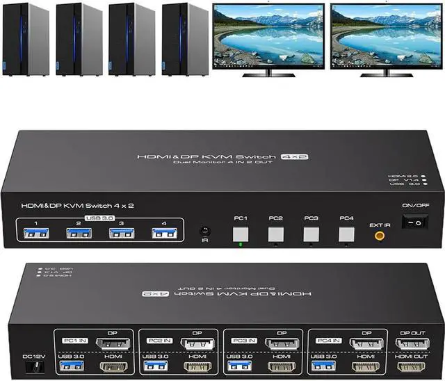 ESTONE HDMI+DisplayPort Dual Monitor KVM Switch 2 Monitors 4 Computers 4K 60Hz USB 3.0 KVM Switches for 4 PC or Laptops Share Dual Monitor and 1 Set of Keyboard Mouse Printer and Scanner