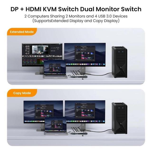 ESTONE HDMI Displayport KVM Switch 2 Monitors 2 Computers 8K 60Hz 4K 120Hz Dual Monitor USB 3.0 KVM Switches For 4 USB Devices Wired Extension Button 12V DC Adapter And 2 USB 3.0 Cables