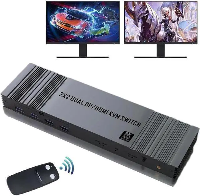 ESTONE HDMI DP KVM Switch 2 Monitors 2 Computers 8K 60Hz USB3.0 KVM Switch Dual Monitor with 4 USB 3.0 Ports Sharing Keyboard and Mouse Printer/Scanner Desktop Controller