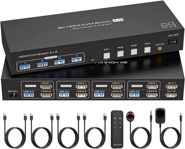 ESTONE HDMI Dual Monitor KVM Switch 2 Monitors 4 Computers 8K 60Hz USB 3.0 KVM Switches for 4 PC or Laptops Share Dual Monitor and 1 Set of Keyboard Mouse Printer and Scanner