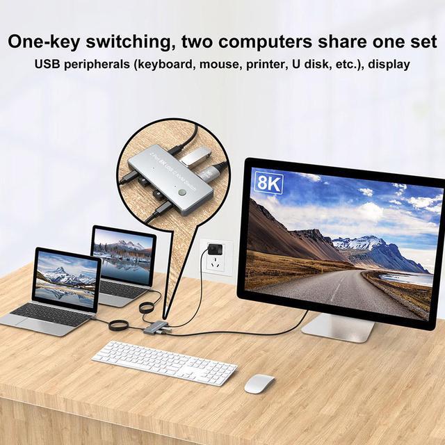 ESTONE USB-C 8K KVM Switch 8K 60Hz 4K 144Hz DP 1.4 2xUSB-C PC To One DisplayPort Monitor With 3xUSB3.0 2 PCs Sharing One Set Of Mouse Keyboard Printer 2in 4out Video Converter