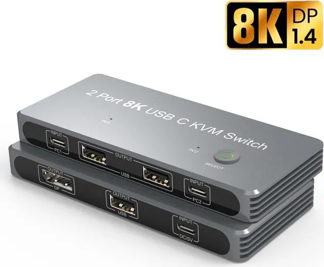 ESTONE USB-C 8K KVM Switch 8K 60Hz 4K 144Hz DP 1.4 2xUSB-C PC to One DisplayPort Monitor with 3xUSB3.0 2 PCs Sharing one Set of Mouse Keyboard Printer 2in 4out Video Converter
