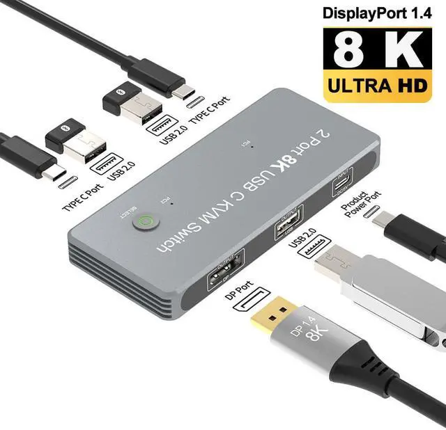 ESTONE USB-C 8K KVM Switch DP1.4 2USB-C 2PC Input 1 DisplayPort Output 8K KVM 8K 60Hz 4K 144Hz 3X USB2.0 Sharing Mouse Keyboard Printer