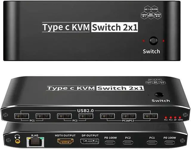 ESTONE USB C Switch 8K 2 in 1 Out HDMI Switcher Support 8K 60Hz 4K 120Hz HDCP 2.3 Ultra HD 3D For 2PC Share 1 Monitor and One Keyboard Mouse and 5 USB2.0 Port 3.5mm Audio RJ45 Network