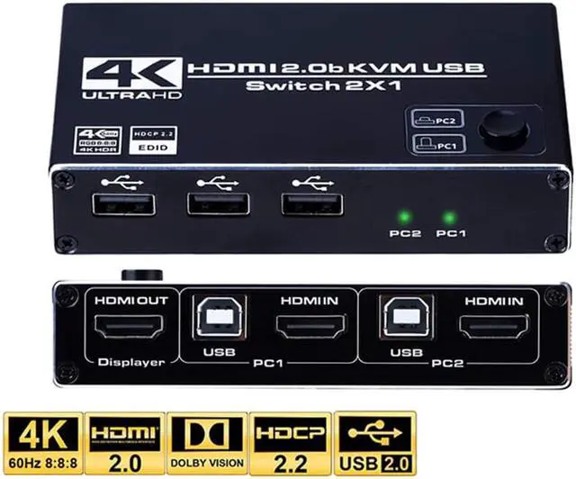 ESTONE USB HDMI 2.0 Switch 4K 2 in 1 Out HDMI Switcher 3USB Port Support 4K 60Hz 2K 120Hz HDCP 2.2 Ultra HD 3D For 2PC Share 1 Monitor and 3 USB Port for Keyboard Mouse Printer
