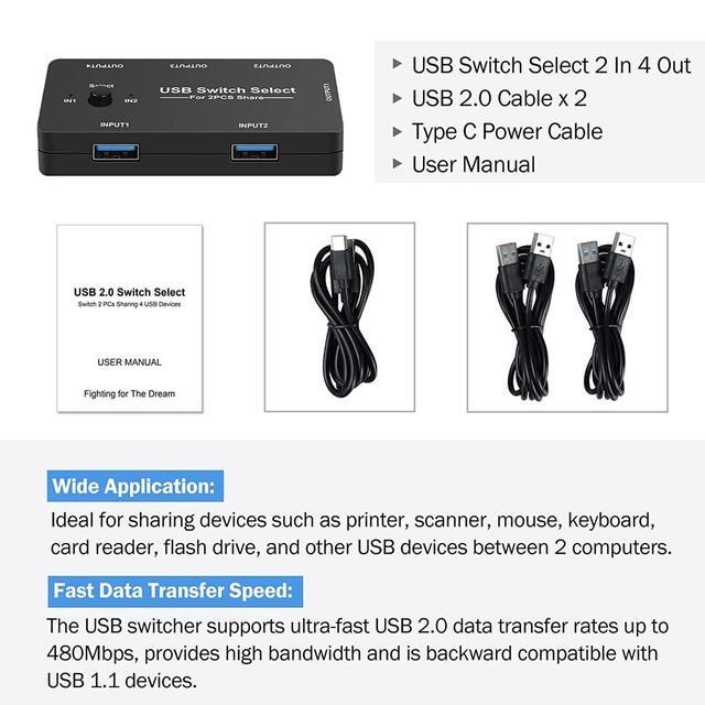 ESTONE USB Switcher Selector 2 Computer Sharing 4 USB Devices KVM Switches Hub For Keyboard Mouse Printer Scanner U-Disk USB KVM Switch Compatible With Mac/Windows/Linux