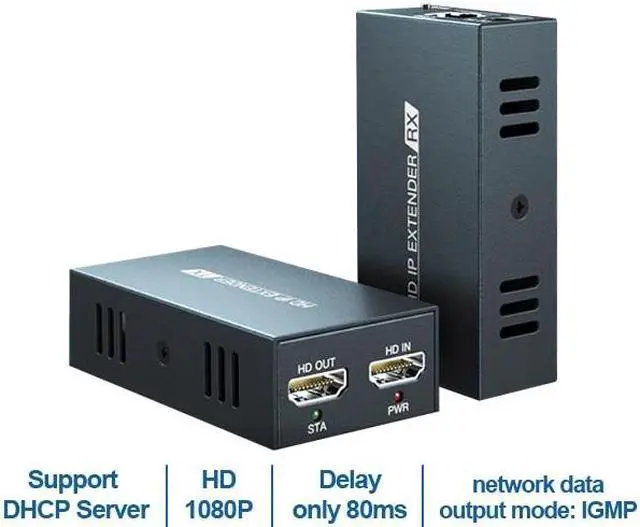(EU Plug)(1TX and 1RX)150M HDMI Extender over IP By Single Cat5e/6 Cable 1080P HDMI IP Extender One to Multiple Monitors via Ethernet Switch for PC TV