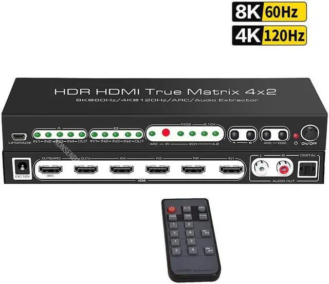 (EU Plug)8K 60Hz HDMI Matrix Switcher 4x2 with ARC Audio Extractor 4K 120Hz HDR10 3D Matrix HDMI Switch Splitter 4 in 2 out Video Display