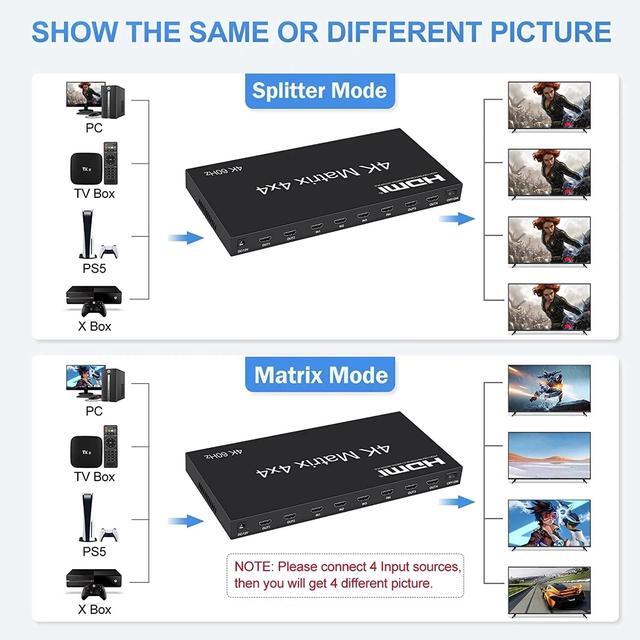 (EU Plug)(Matrix 2x4)4K 60Hz 4x4 HDMI Matrix Switch 4 In 4 Out Matirx HDMI Splitter Switch 4x4 6x2 4x2 2x4 HDMI Matrix Switcher Audio Video Converter
