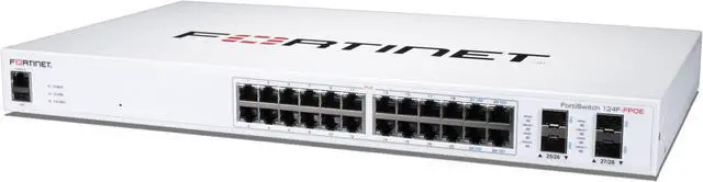 FortiSwitch-124F-FPOE Layer 2 FortiGate switch controller compatible PoE+ switch with 24x 1G RJ45 with PoE+ and 4x 10G/1G SFP+/SFP ports and 1x RJ45 console port. Max 370W PoE output limit with smart fan/temperature control