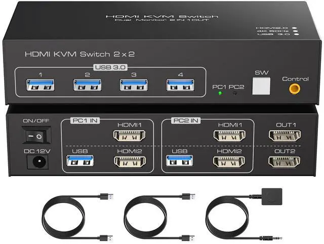 FQuanmap HDMI KVM Switch 2 Monitors 2 Computers 4K60Hz Dual Monitor KVM Switches for Dual PC or Laptops Share 1 Set of Keyboard Mouse Printer Wired Controller and 12V 1A DC Adapter Included