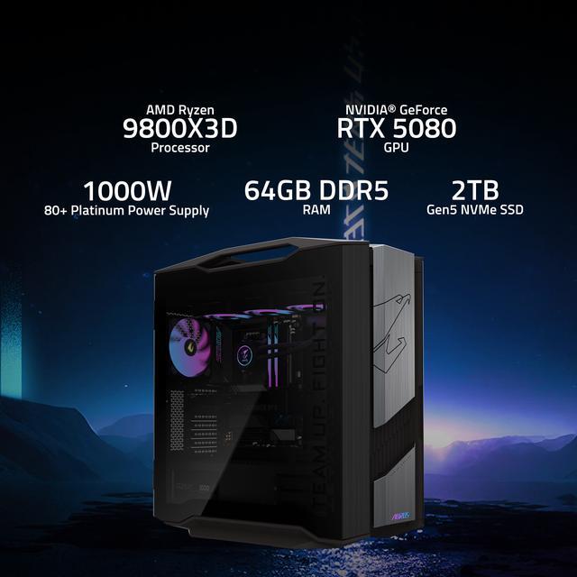 GIGABYTE AORUS Gaming Desktop PC AMD Ryzen 7 9800X3D GIGABYTE RTX 5080 64GB DDR5 RAM 2TB Gen5 NVMe SSD Windows 11 Home AORUS SUPREME 5 AS5A7N8-5001