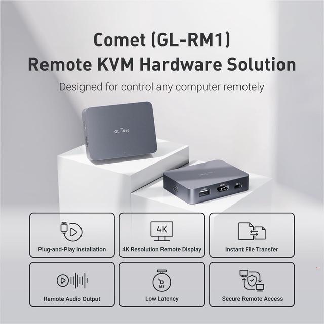 GL.iNet Comet (GL-RM1) Remote KVM Control Over Internet 4K 30Fps Tailscale Support Remote Keyboard Video MouseInstall OS Via BIOS Control Adapted KVM Switches Mouse Jiggler For Home Work