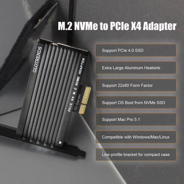 GLOTRENDS PA15 M.2 NVMe To PCIe 4.0 X4 Adapter For M.2 NVMe SSD Extra Large Aluminum Heatsink Regular And Low-Profile Bracket (Black)