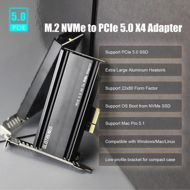 GLOTRENDS PA18 M.2 NVMe To PCIe 5.0 X4 Adapter For M.2 NVMe SSD Extra Large Aluminum Heatsink Regular And Low-Profile Bracket (Black)