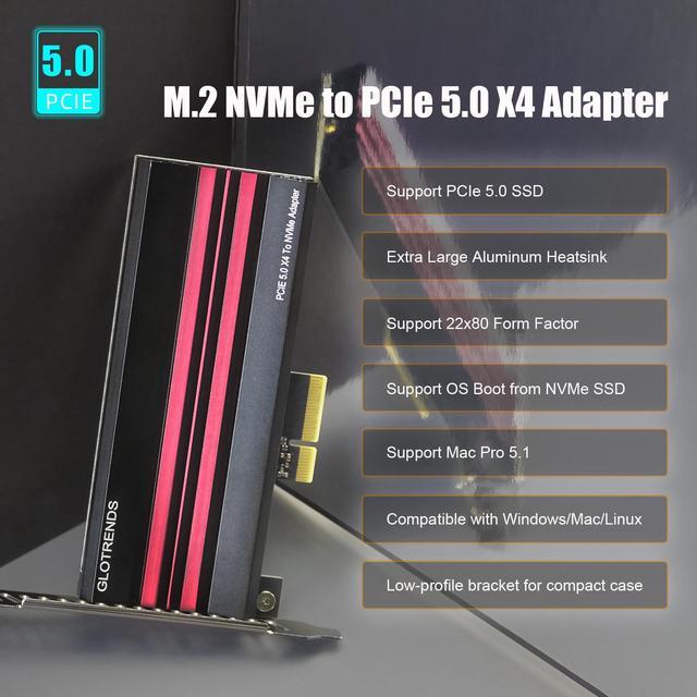 GLOTRENDS PA19 M.2 NVMe To PCIe 5.0 X4 Adapter For M.2 NVMe SSD Large Aluminum Heatsink Cover Regular And Low-Profile Bracket