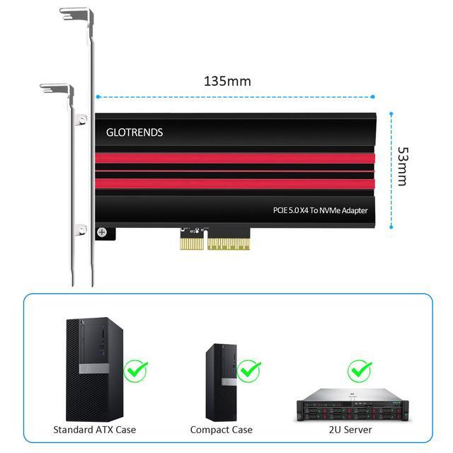 GLOTRENDS PA19 M.2 NVMe To PCIe 5.0 X4 Adapter For M.2 NVMe SSD Large Aluminum Heatsink Cover Regular And Low-Profile Bracket