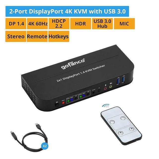Gofanco 2 Port DisplayPort KVM Switch With USB 3.0 DisplayPort 1.4 4K 60Hz 4:4:4 HDR HDCP 2.2/1.4 USB Keyboard/Mouse USB 3.0 Hub MIC In Stereo Out IR Remote Hotkeys (KVMDP-2P)