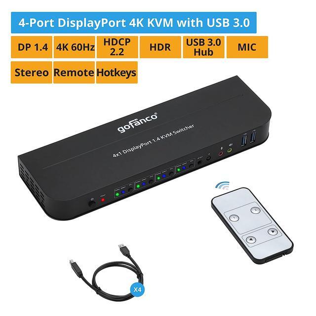 Gofanco 4 Port DisplayPort KVM Switch With USB 3.0 DisplayPort 1.4 4K 60Hz 4:4:4 HDR HDCP 2.2/1.4 USB Keyboard/Mouse USB 3.0 Hub MIC In Stereo Out IR Remote Hotkeys (KVMDP-4P)