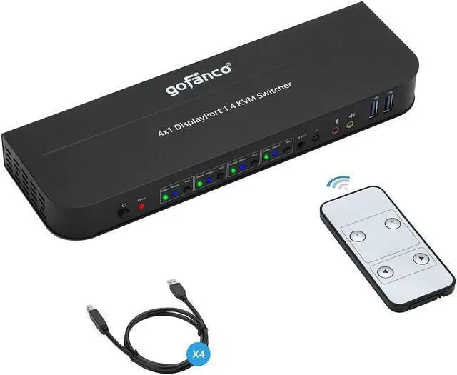 gofanco 4 Port DisplayPort KVM Switch with USB 3.0 DisplayPort 1.4 4K 60Hz 4:4:4 HDR HDCP 2.2/1.4 USB Keyboard/Mouse USB 3.0 Hub MIC in Stereo Out IR Remote Hotkeys (KVMDP-4P)