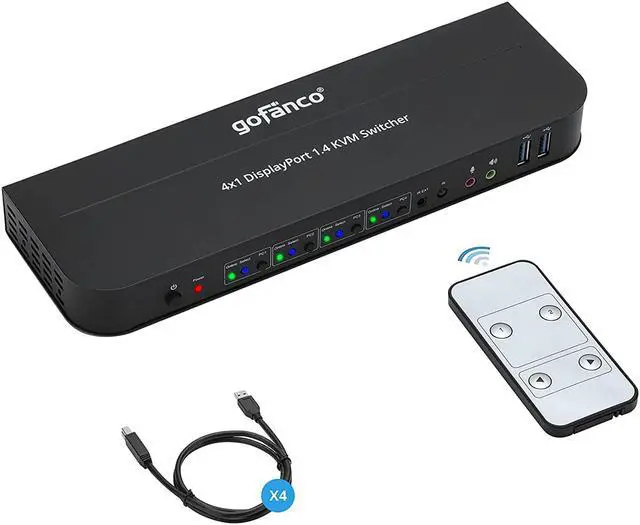 gofanco 4 Port DisplayPort KVM Switch with USB 3.0 DisplayPort 1.4 4K 60Hz 4:4:4 HDR HDCP 2.2/1.4 USB Keyboard/Mouse USB 3.0 Hub MIC in Stereo Out IR Remote Hotkeys (KVMDP-4P)