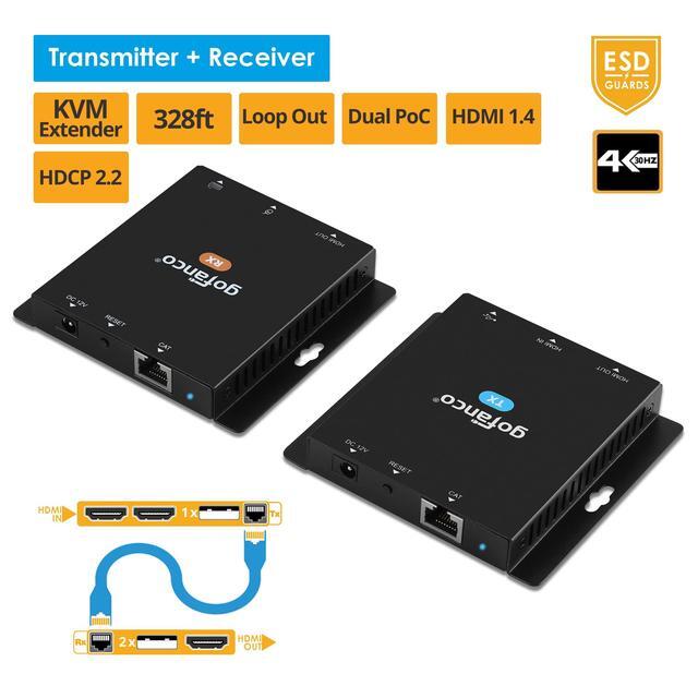 Gofanco 4K30Hz USB KVM And HDMI 1.4 Over CAT6 / CAT7 Extender 328ft Extension 2X USB Keyboard/Mouse Near Zero Latency HDMI Loopout Dual PoC HDCP 2.2 ESD Protection (KVMHDExt100)