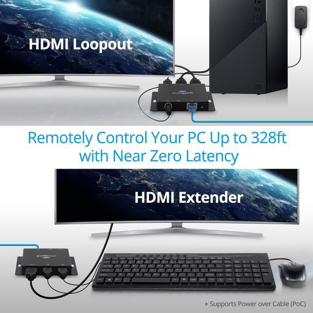 Gofanco 4K30Hz USB KVM And HDMI 1.4 Over CAT6 / CAT7 Extender 328ft Extension 2X USB Keyboard/Mouse Near Zero Latency HDMI Loopout Dual PoC HDCP 2.2 ESD Protection (KVMHDExt100)