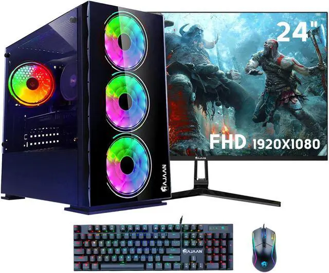 HAJAAN Gaming PC Desktop Tower - AMD Ryzen 5 5600X GTX 1660 Super 6GB GDDR6 32GB DDR4 RAM 1TB NVMe M.2 SSD 24" Inch Curve Gaming Monitor Windows 11 Pro WiFi
