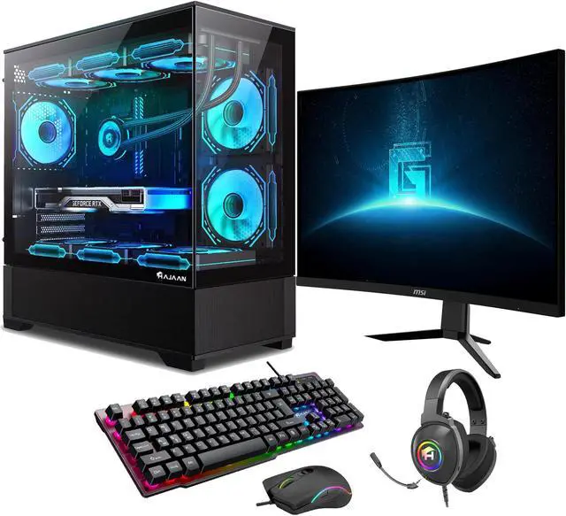 HAJAAN Gaming PC Tower Desktop - MSI 27" Curved Gaming Monitor 180Hz 1ms - RTX 4060 Ti 8GB - Intel Core i7-13700F - 32GB DDR4 RAM - 1TB NVMe SSD - Wifi 6 - Windows 11 Pro
