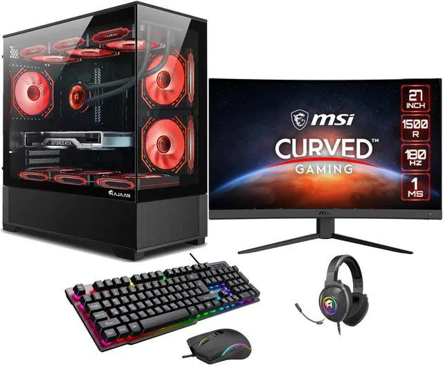 HAJAAN Liquid Cooled Gaming PC - MSI 27" Curved Gaming Monitor (RTX 4070 12GB GDDR6 Intel Core i7-13700F 32GB DDR4 RAM 1TB NVMe Wifi 6 Bluetooth Windows 11 Pro) - Black