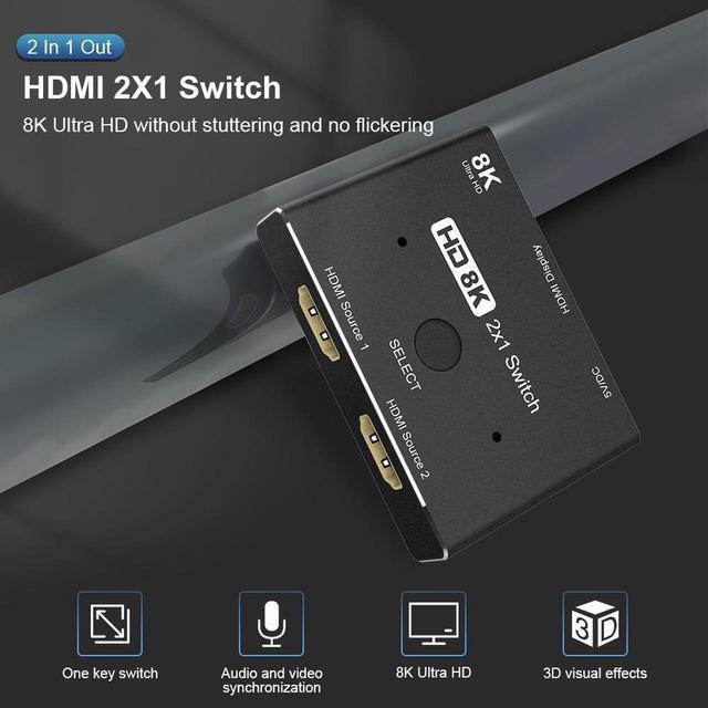 HD Switcher 8K HDMI 2.1 Switch Splitter KVM 2 In1 Out Ultra HD 8K 60Hz 4K 120Hz High Speed 48Gbps Switch Adapter With Switch Button For Computer Laptop 2 Sources To 1 Display For PS4/5 TV Box HDTV
