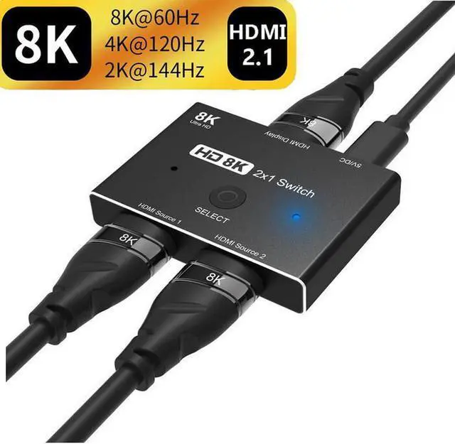 HD Switcher 8K HDMI 2.1 Switch Splitter KVM 2 in1 Out Ultra HD 8K 60Hz 4K 120Hz High Speed 48Gbps Switch Adapter with Switch Button for Computer Laptop 2 Sources to 1 Display For PS4/5 TV Box HDTV