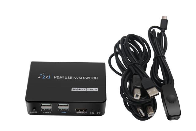 HDMI 2.0 KVM Switch 2 In 1 Out HDMI USB Switch Adapter Switcher 4Kx2K 60Hz EDID Two Computer Hosts Sharing USB Device Printer Scanner Keyboard Mouse HDMI Monitor Wire Control/Body Button